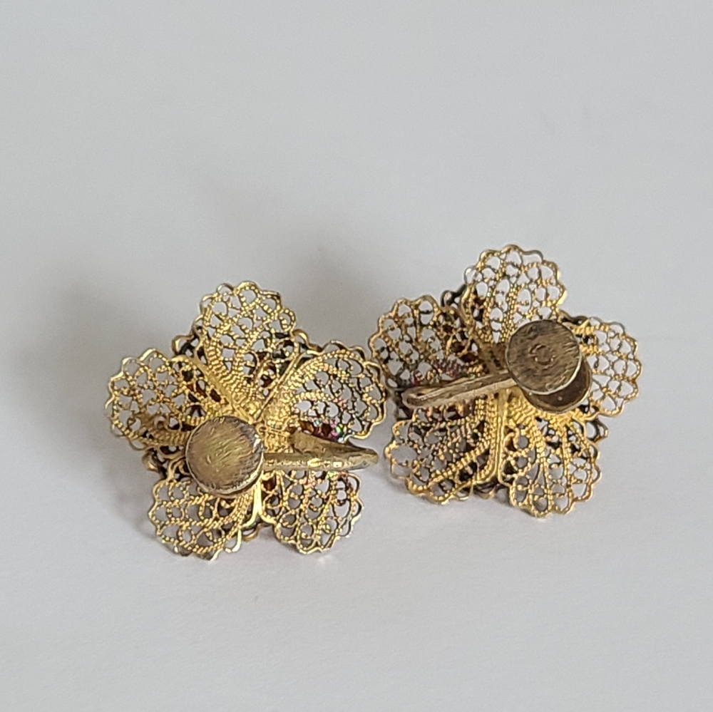 Vintage Chunky Filigree Flower Gold Sterling Silver Stud Screw Back Earrings - Picture 5 of 6